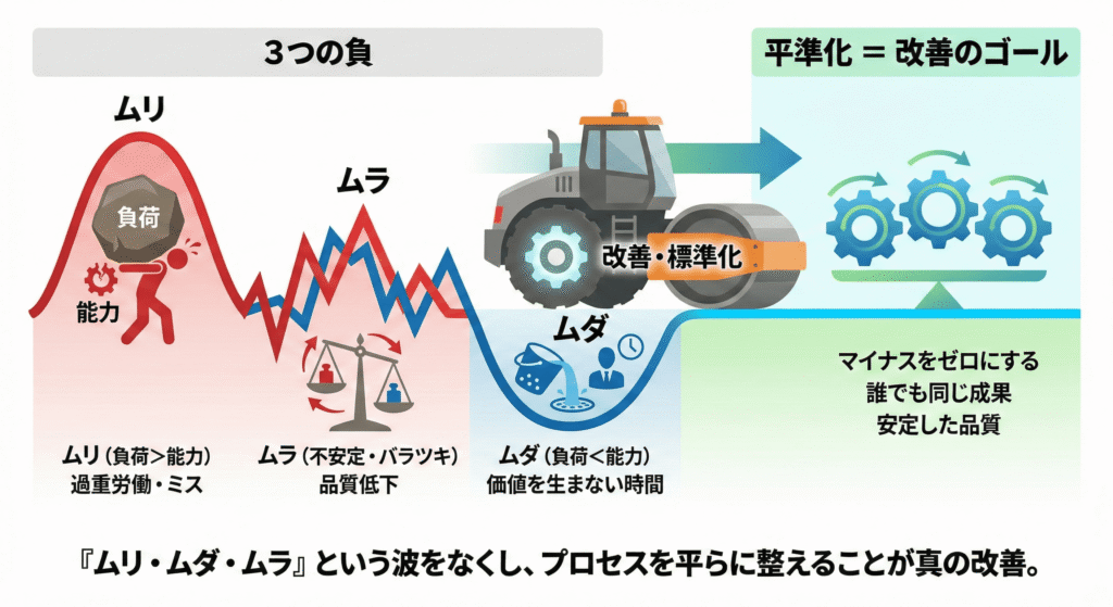 「改善の3要素（ムリ・ムダ・ムラ）」を解消し、ゴールである「平準化」へ至るプロセスを示す図解。過重労働を生む「ムリ」、品質が下がる「ムラ」、価値を生まない「ムダ」という3つの負の波を、「改善・標準化」のローラーが平らに整え、「誰でも同じ成果が出せる安定した状態（マイナスゼロ）」へと変換する流れを表現したインフォグラフィック。