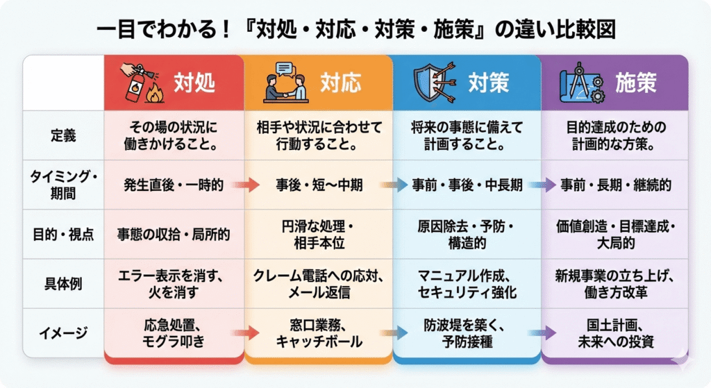 対策・対処・対応・施策の違いと関係をまとめた比較図
