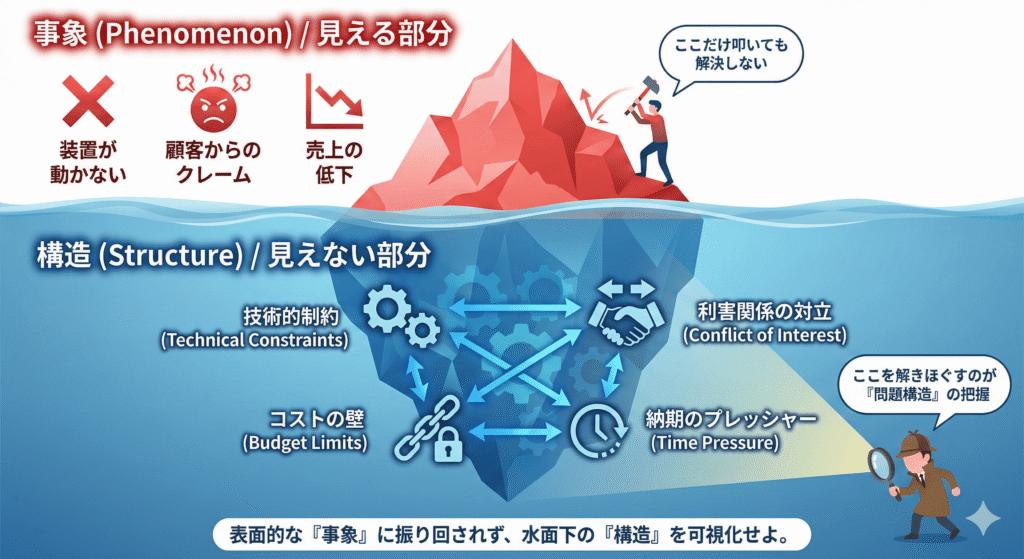 問題の表面的な事象と水面下の構造（技術的制約・コスト・納期）を比較した氷山モデルの図解